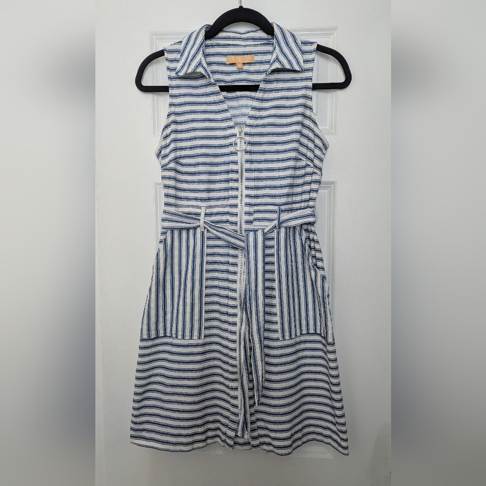Blue Striped Sleeveless Dress with Belt, Cotton, Linen, Petite, Nautical